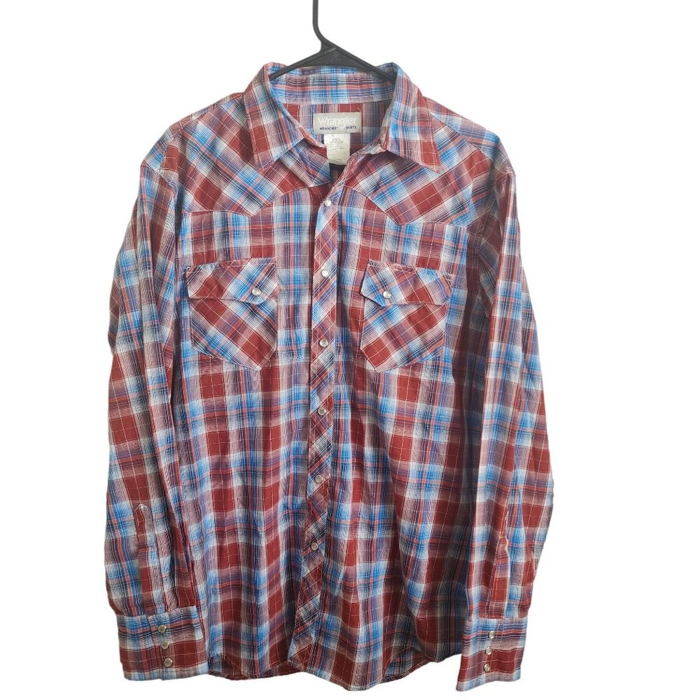 Wrangler Rancher Mens Button Shirt Red Plaid Long Sleeve Pearl Snap Size Large
